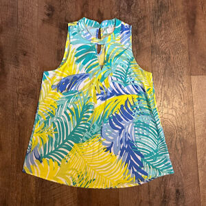 Women’s Mud Pie Tank Top Size S Yellow Blue Palm Print Sleeveless